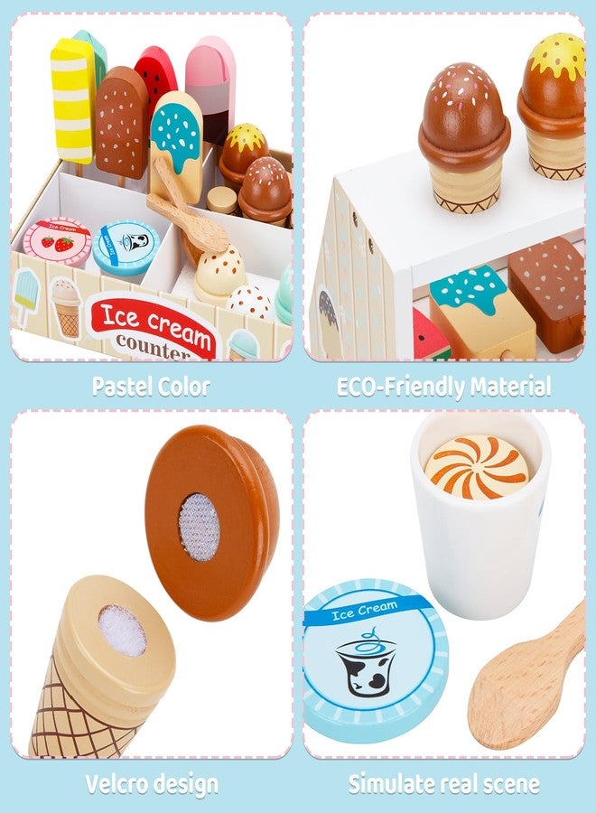 ZJEFUNS Wooden Ice Cream Toys for Kids Ice Cream Counter Shop for Toddlers Pretend Play Food Scoop and Serve with Scoop & Menu & Fake Money for Boys and Girls Ages 3 4 5 6 (Beige) - Image 4